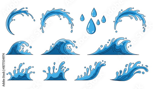 Dynamic water splash flat vector collection isolated on transparent background