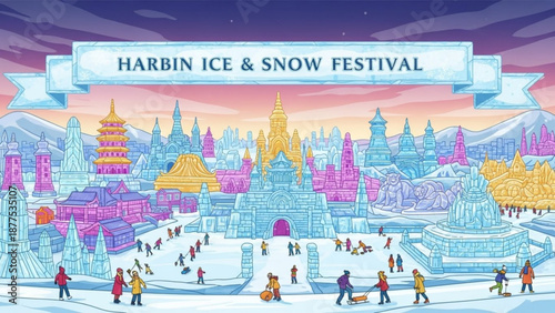 Vibrant harbin ice and snow festival scene with colorful ice sculptures people ice skating snow play and pagodas under a pink sunset