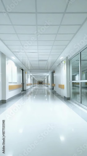 Pristine hospital corridor with bright fluorescent lighting and reflections