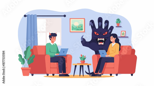 A devilish character and a monster loom over people working on laptops in a living room