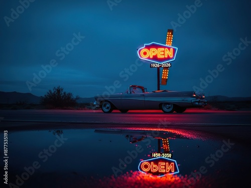 Cinematic nighttime view of a classic vintage car parked next to a glowing blue and red neon OPEN sign, reflected in a puddle on the road, retro Americana concept