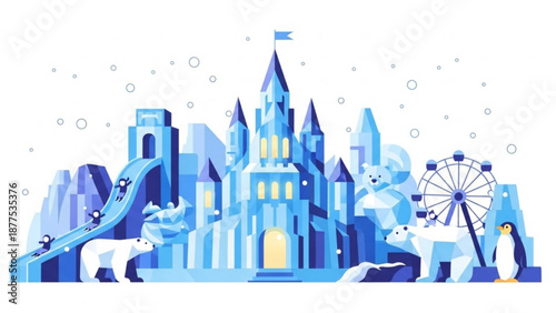 Winter wonderland scene with blue castle polar bears penguin ferris wheel and snowy landscape