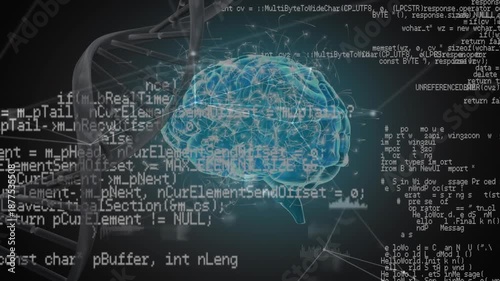 Animation of brain, medical data processing with dna strand over scope