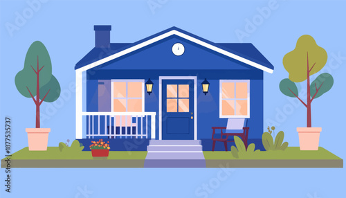 A cozy, blue house with a porch, lawn, trees, and a chair on a clear day