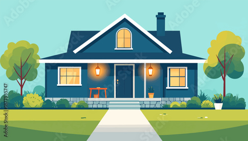 A cozy, blue house with a path, surrounded by trees and gardens