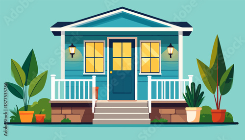 A cozy, blue house with glowing windows, a white porch, and lush green plants
