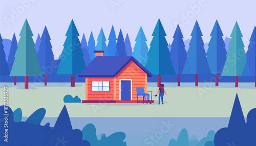 A cozy cabin nestled amongst evergreen trees with a person enjoying the outdoors