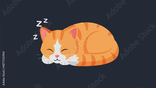 A cute, cartoon orange and white cat is curled up, sleeping soundly with closed eyes and z's floating