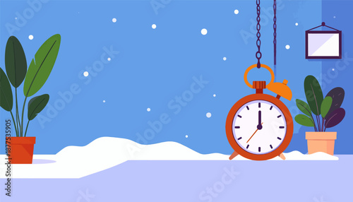 A cozy indoor scene with plants and a clock overlooks a winter wonderland