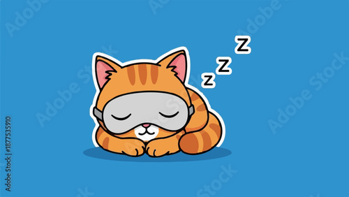 A cute cartoon orange cat wearing a sleep mask naps peacefully on a bright blue background