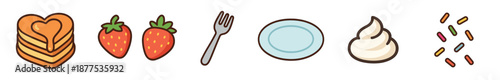 Cute cartoon icon set of breakfast food elements including heart-shaped pancakes, strawberries, a fork, a plate, whipped cream, and colorful sprinkles in a flat design style