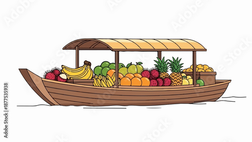 A colorful assortment of fresh fruits is displayed on a wooden boat under a striped canopy