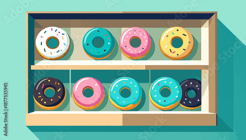 A colorful assortment of frosted doughnuts arranged on two shelves within a display case