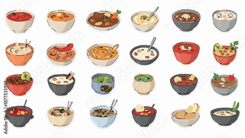 A colorful array of delicious soups and stews in various bowls, styled as charming illustrations