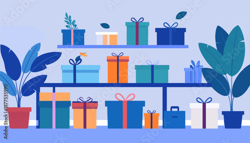 A collection of wrapped gifts and plants arranged on shelves and a table