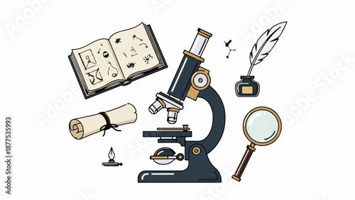 A collection of vintage scientific and writing tools, including a microscope, an open book with sketches, a scroll, a magnifying glass, and a quill pen with ink