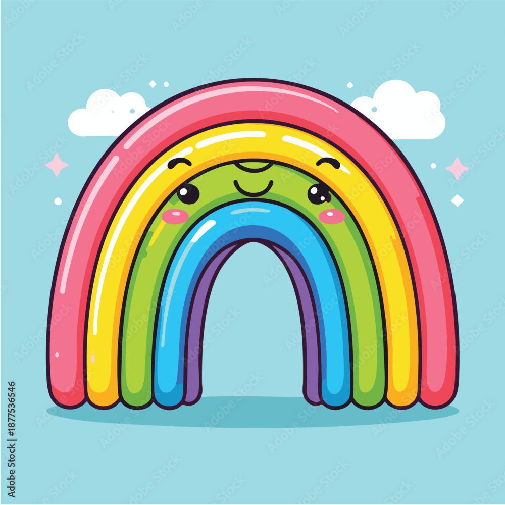 Obraz premium Colorful cartoon rainbow with smiling face on pastel green background
