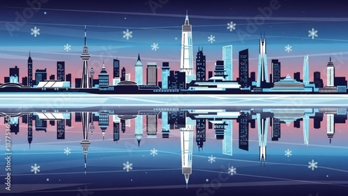 Snowy cityscape at dusk with skyscrapers reflecting on calm water surface