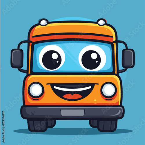 A cartoon illustration of a cheerful orange school bus with big eyes and a smile on a light blue background