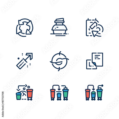 Circular Economy Recycling and Waste Reduction Line Art Icons.