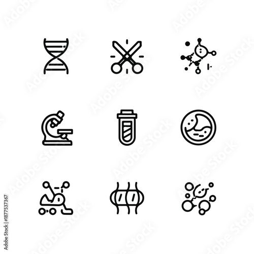  DNA Research and Genetic Engineering Vector Line Art Icons.