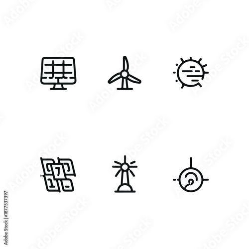 Advanced Solar and Wind Energy Infrastructure Line Art Set.