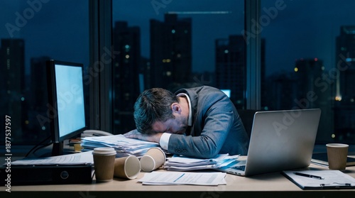 Overworked and exhausted businessman sleeping on his desk in a dark office at night.