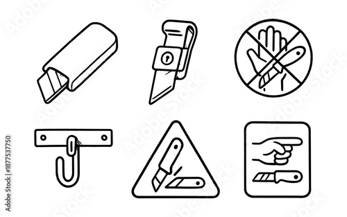 Utility knife safety and usage icons in black and white