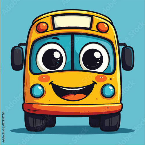 A cheerful cartoon school bus with a big smile and googly eyes on a teal background
