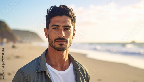 Handsome man with dark hair and beard poses on a sunny beach, looking at the camera.