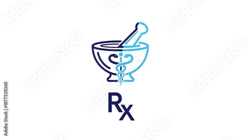 Medical logo with mortar and pestle and Rx symbol in blue