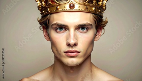Handsome young man with blue eyes wearing a golden crown, regal portrait.