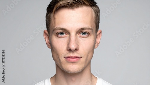 Handsome young man with light brown hair and a neutral expression in front of a gray background.