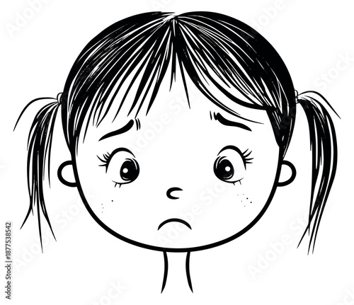 Hand drawn line art illustration of a girl's face depicting sadness for childhood emotion concepts