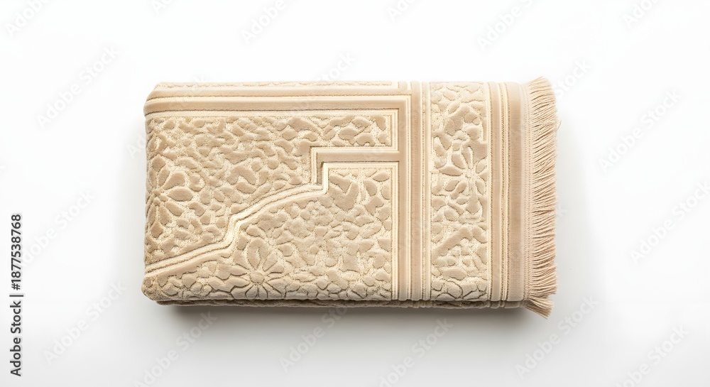 Fototapeta premium Folded beige Islamic prayer mat with intricate patterns on white background, top view