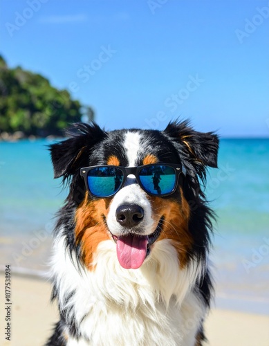 Happy Australian Shepherd Dog Wearing Sunglasses on a Sunny Beach Vacation.
