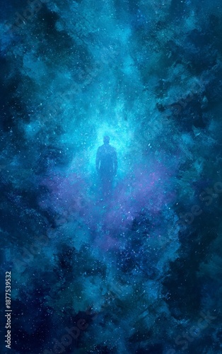 Ethereal Figure in Cosmic Space Surrounded by Colorful Nebulae