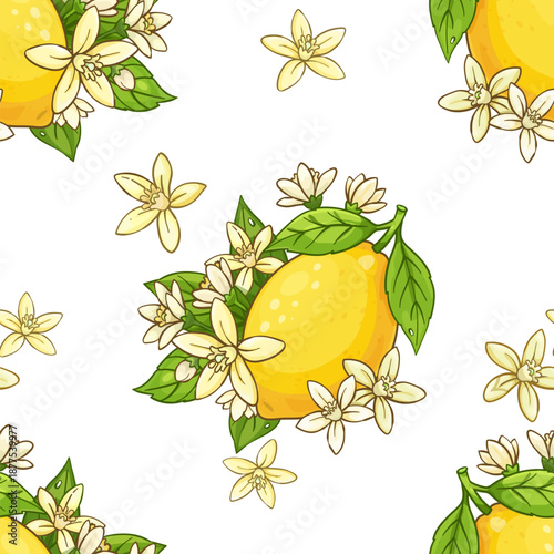 Cartoon Seamless pattern of a whole bright yellow lemon on a branch with green leaves and white citrus blossoms.