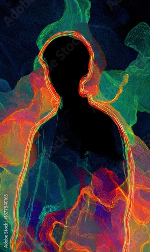 Abstract Silhouette with Colorful Light Trails and Smoke Effects