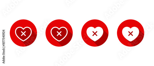 Poor health, unhealthy icon set with long shadow. Heart with cross mark symbol. Love with x sign