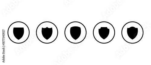 Solid shield icon set collection in circular outline. Security, defense, and protection badge symbol