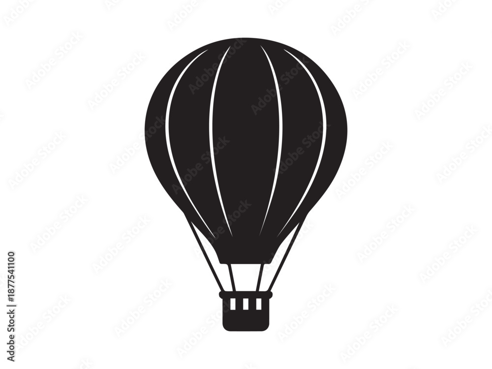 Obraz premium Hot air balloon vector silhouette, vintage flying vehicle for travel and adventure, simple black and white graphic design