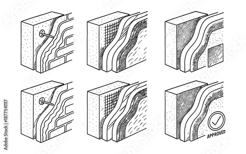Cross section of exterior wall layers with insulation in black and white sketch style