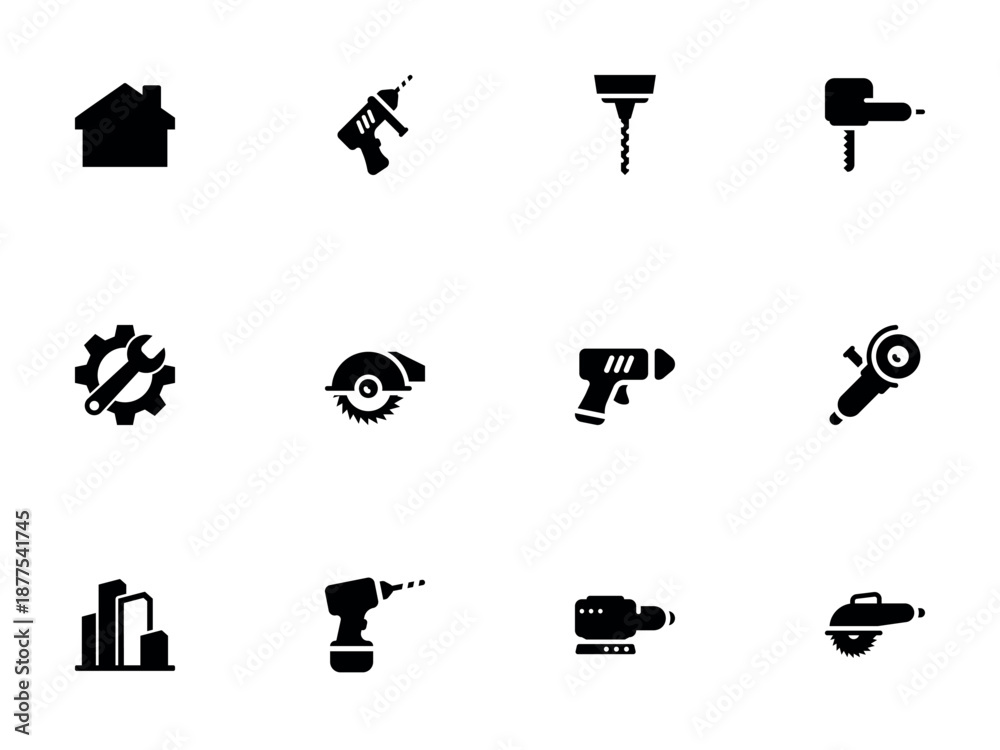 Fototapeta premium Collection of Black Construction Tool Silhouettes and Building Symbols