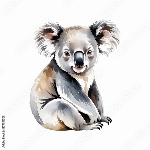Watercolor Illustration of Koala Sitting, Isolated on White