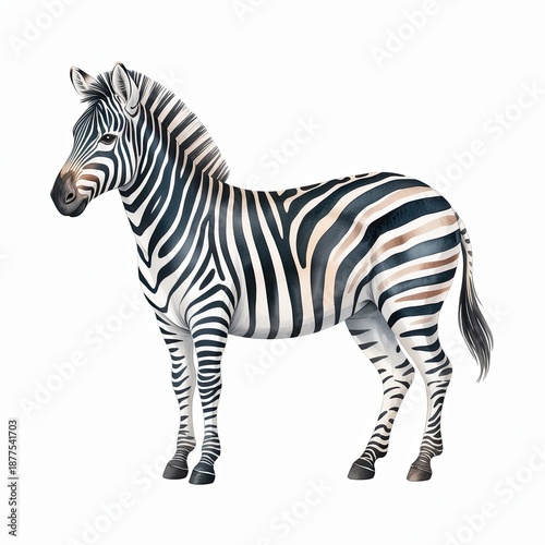Watercolor Illustration of Zebra Standing, Isolated on White