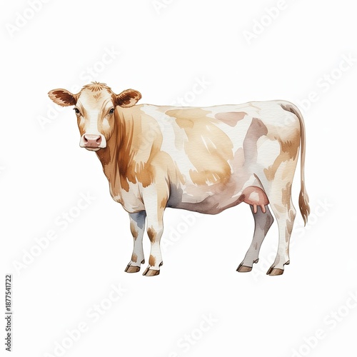 Watercolor Illustration of Cow Standing, Isolated on White