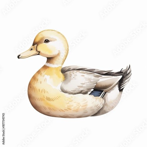 Watercolor Illustration of Duck Sitting, Isolated on White