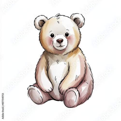 Watercolor Illustration of Teddy Bear Toy, Isolated on White