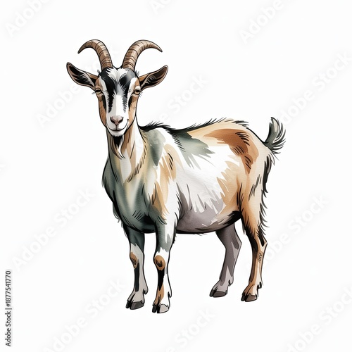 Watercolor Illustration of Goat Standing, Isolated on White